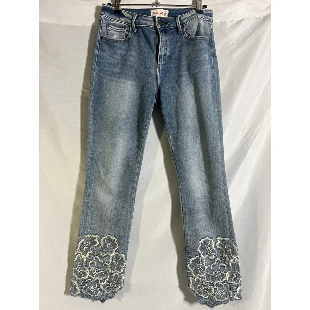 Driftwood Colette Jeans Womens 27x26 Crop Stretch Denim Floral Embroidery Cuffs - Picture 1 of 10